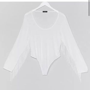 NWOT Nasty Gal white Fringe Long Sleeve Bodysuit. Size 14